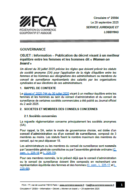 Information – Publication du décret visant à un meilleur équilibre entre les femmes et les hommes dit « Women on board »