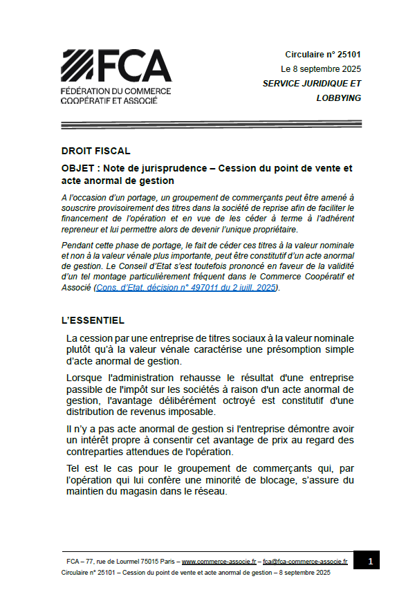 Note de jurisprudence – Cession du point de vente et acte anormal de gestion