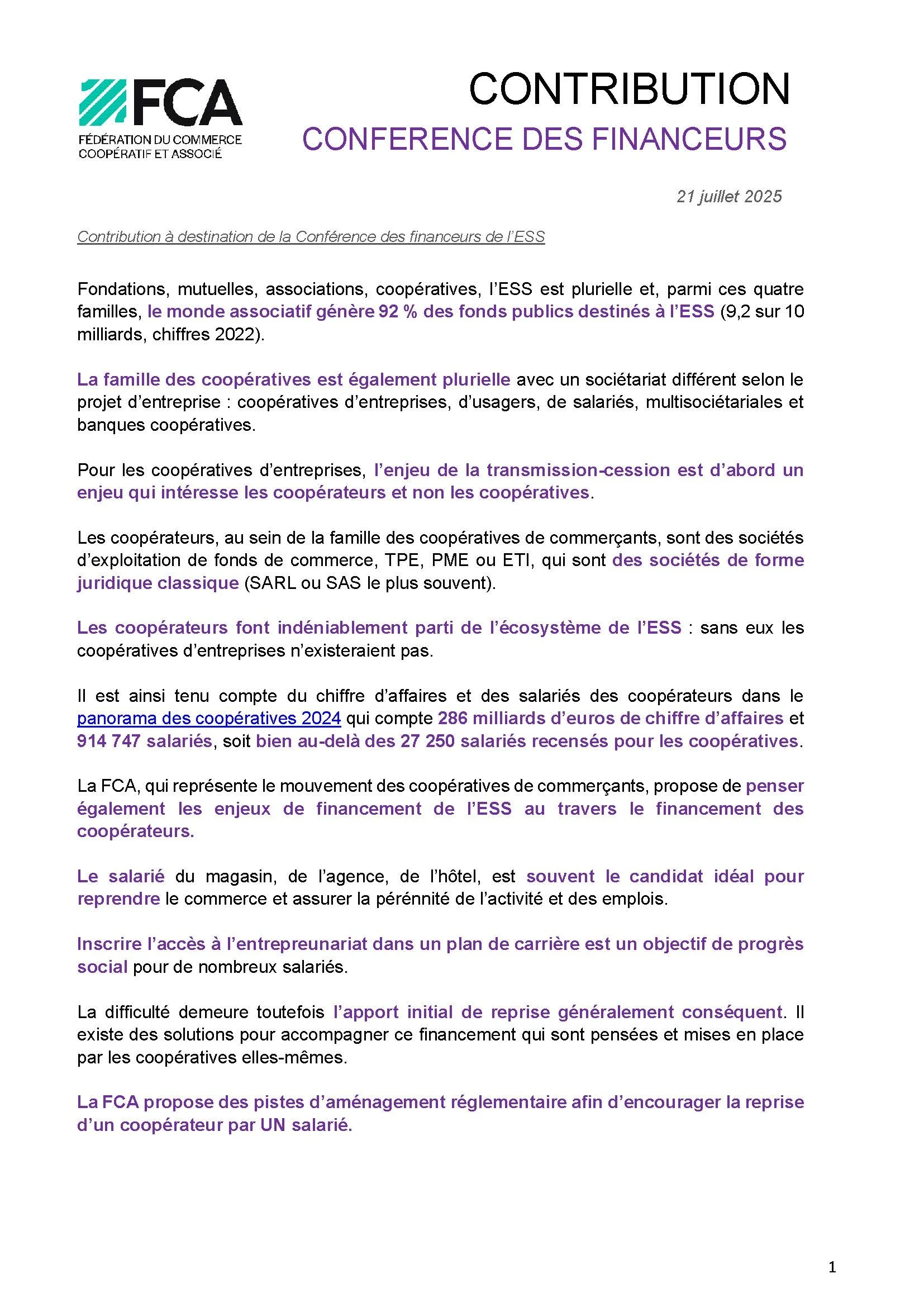 Contribution à destination de la Conférence des financeurs de l’ESS