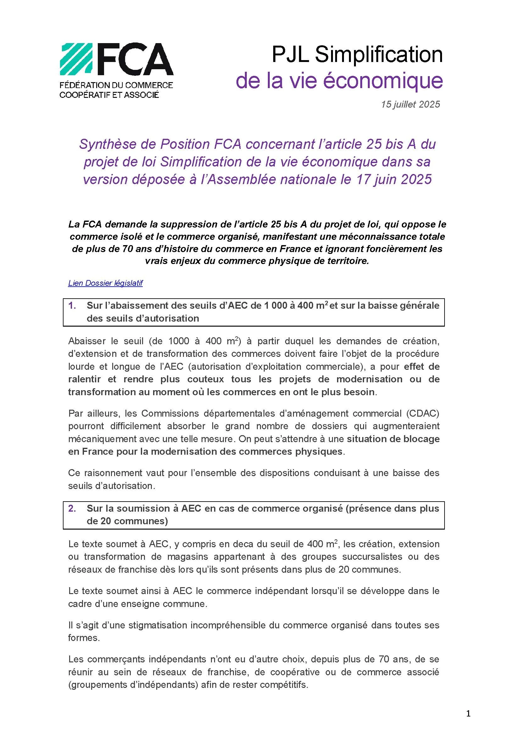 Synthèse de Position FCA concernant l’article 25 bis A du projet de loi Simplification de la vie économique dans sa version déposée à l’Assemblée nationale le 17 juin 2025