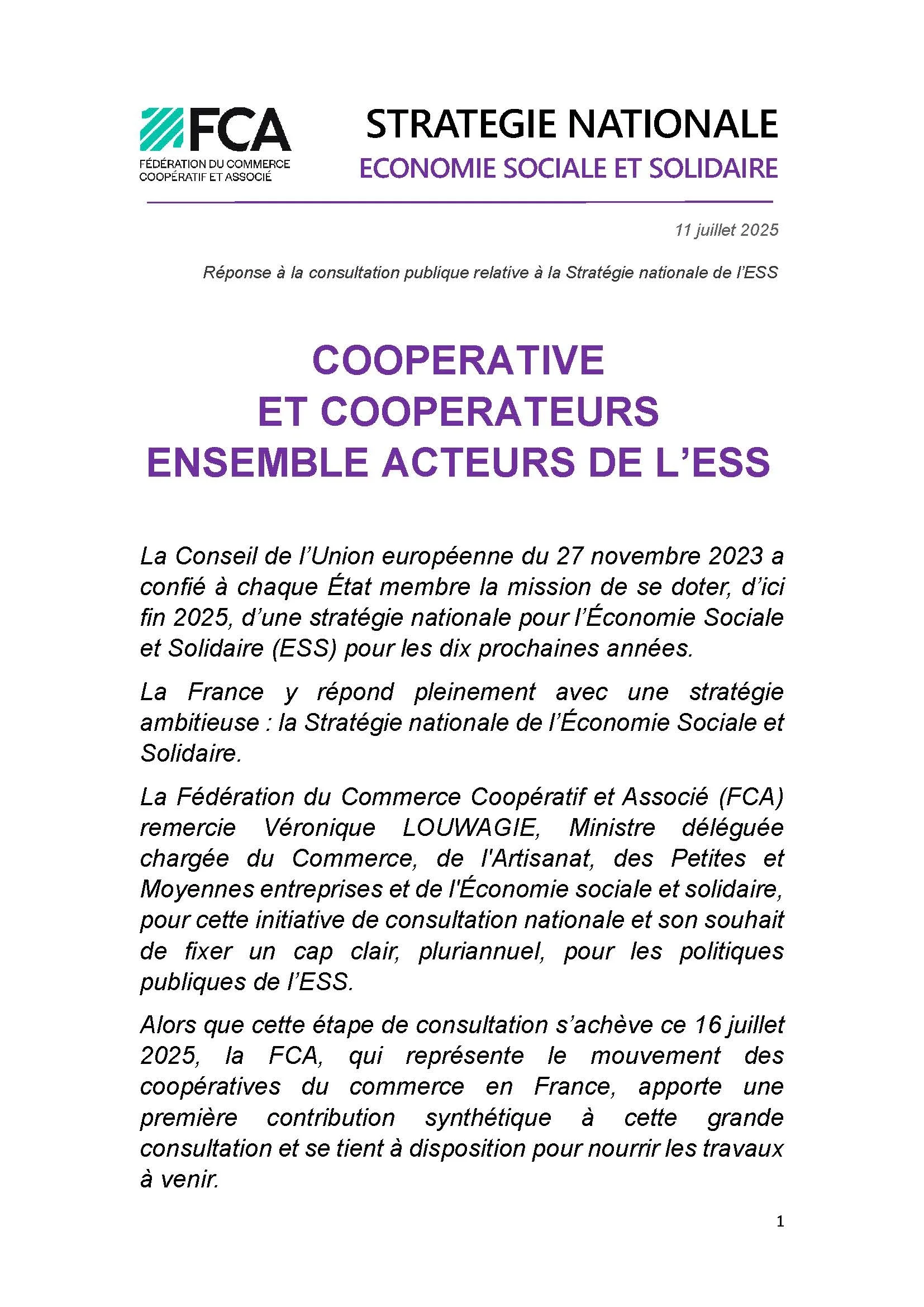 Réponse à la consultation publique relative à la Stratégie nationale de l’ESS - Coopérative et coopérateurs ensemble acteurs de l'ESS