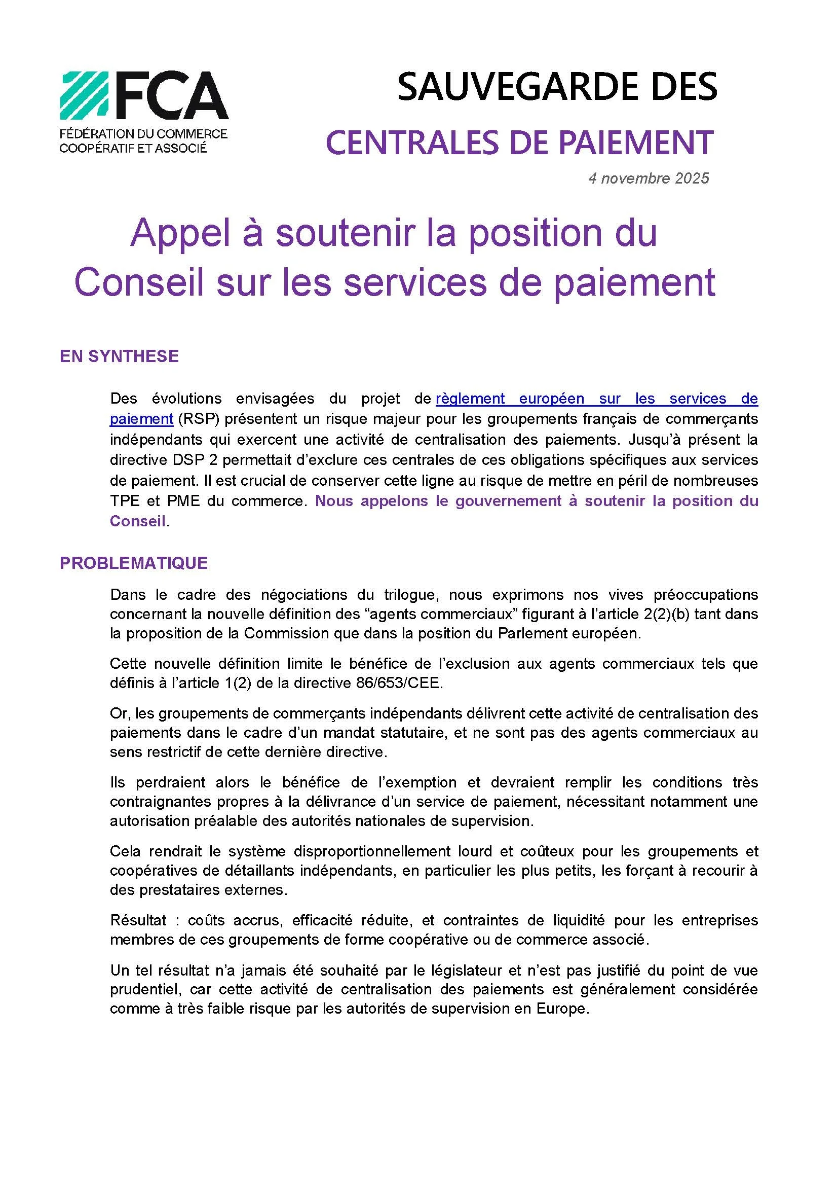 Sauvegarde des centrales de paiement –  Appel à soutenir la position du Conseil sur les services de paiement 