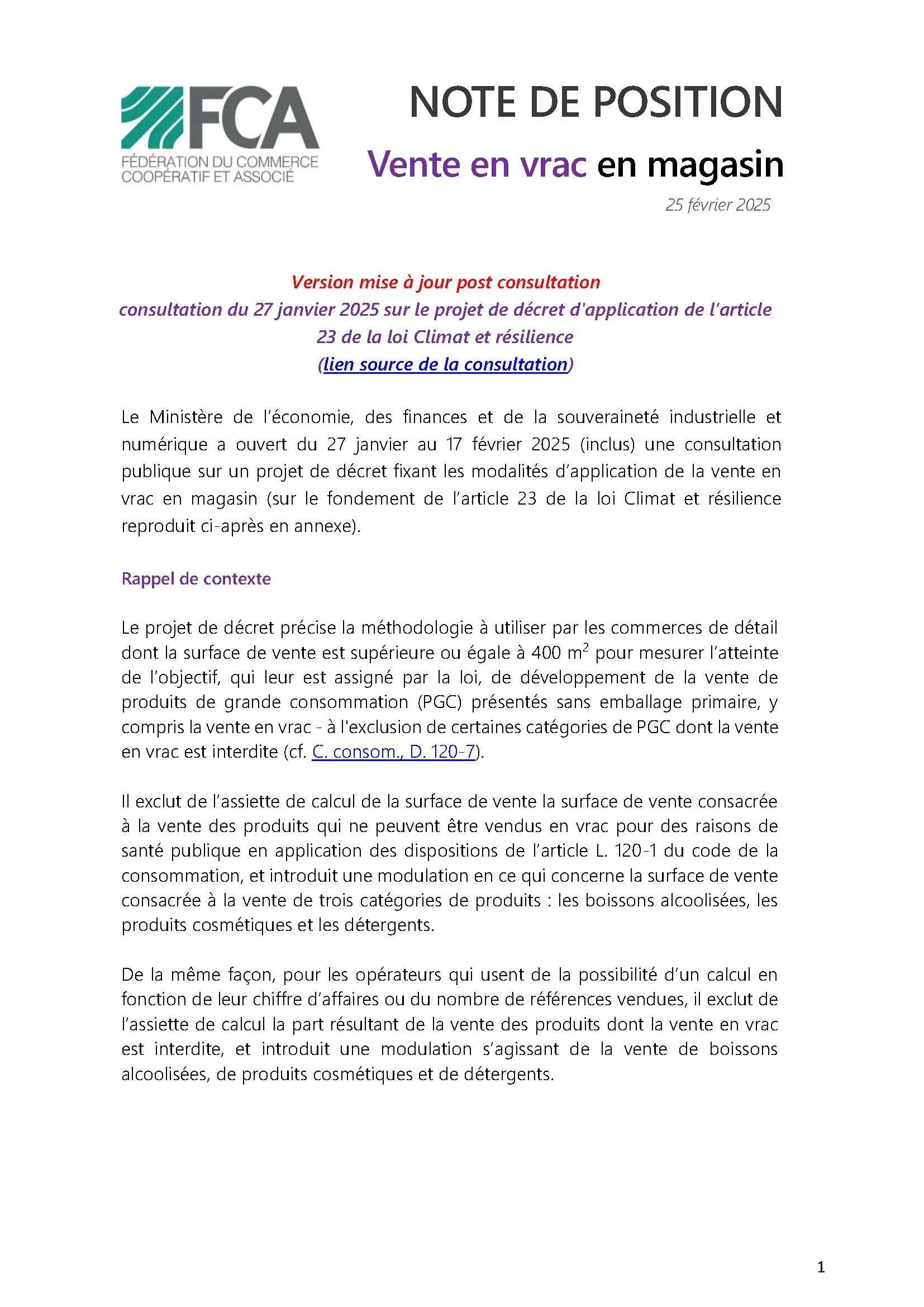 Position FCA suite à la consultation du 27 janvier 2025 sur le projet de décret d'application de l’article 23 de la loi Climat et résilience 
