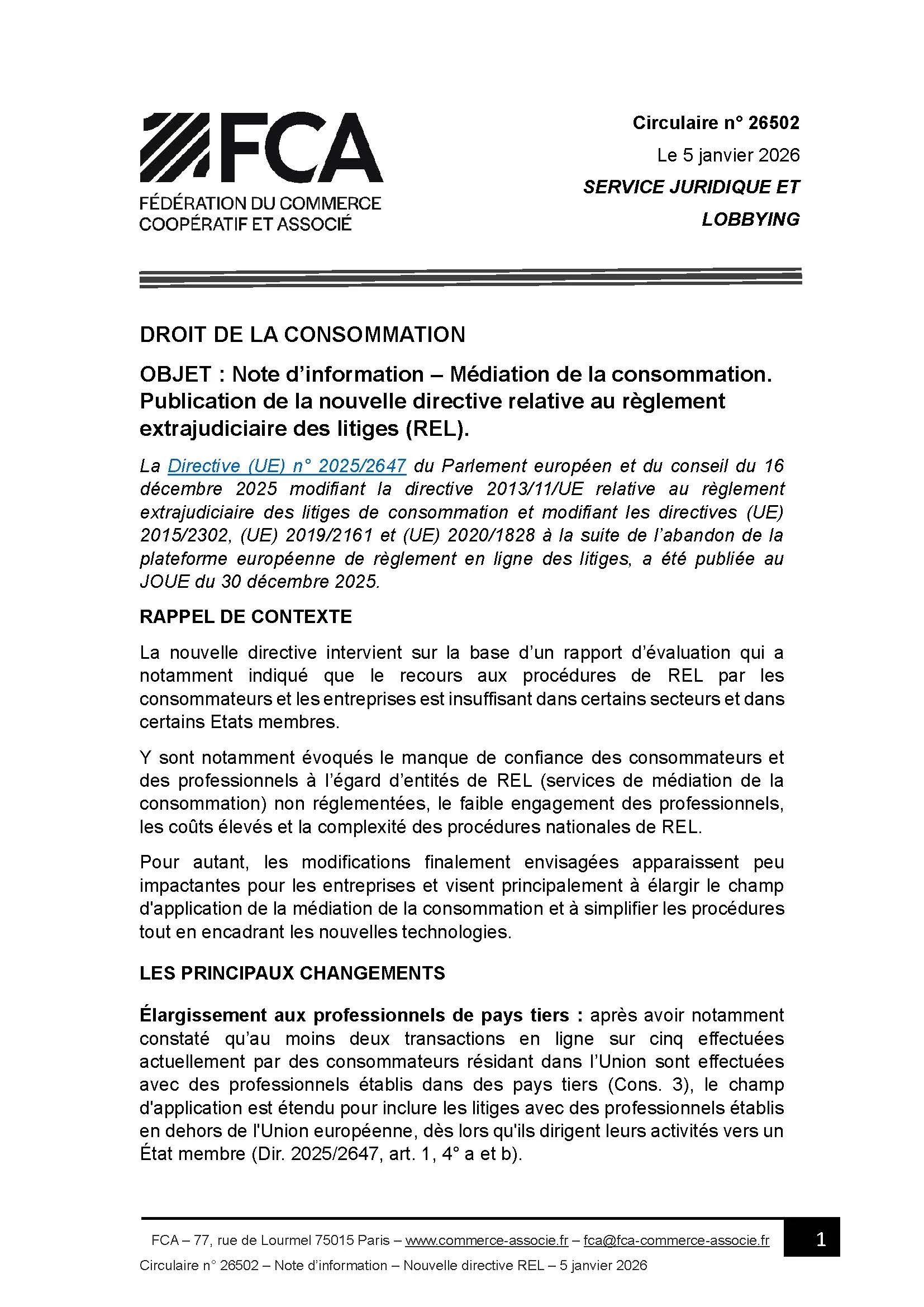 Note d’information – Médiation de la consommation. Publication de la nouvelle directive relative au règlement extrajudiciaire des litiges (REL)