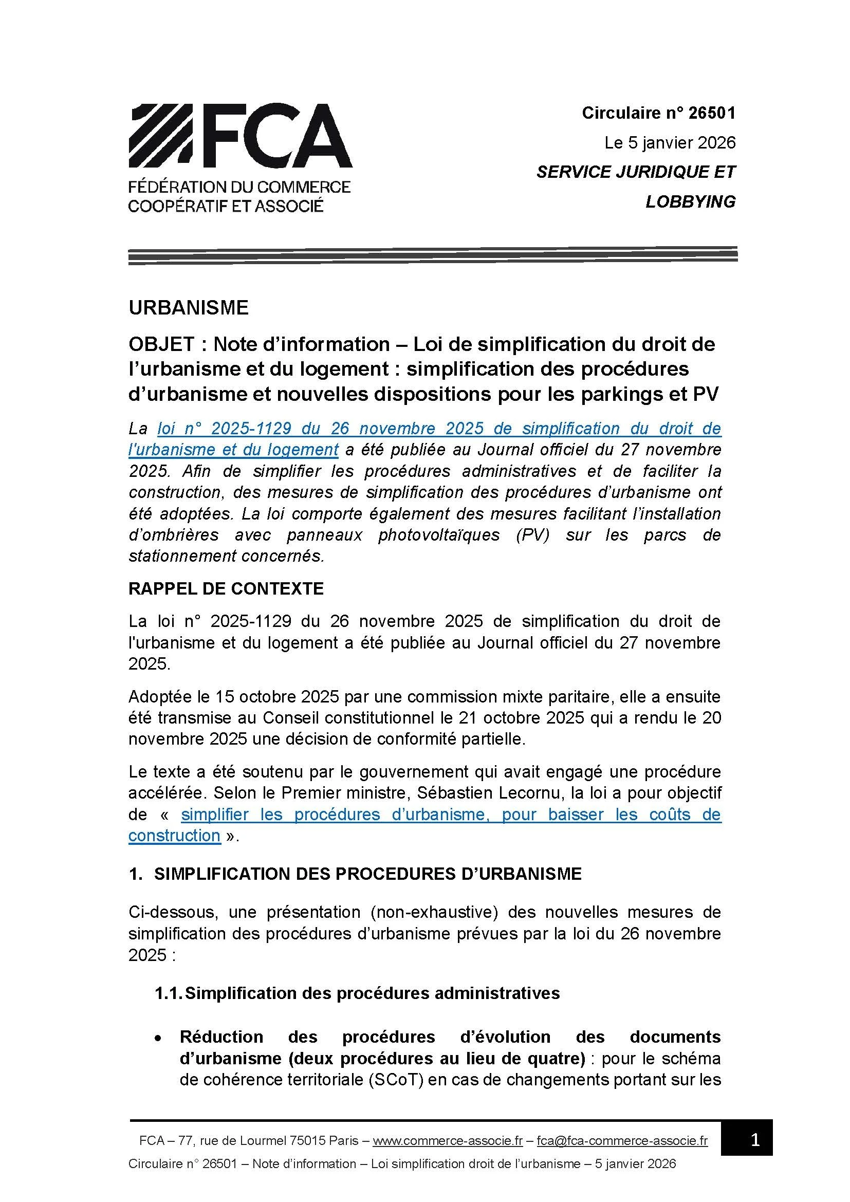 Note d’information – Loi de simplification du droit de l’urbanisme et du logement : simplification des procédures d’urbanisme et nouvelles dispositions pour les parkings et PV 