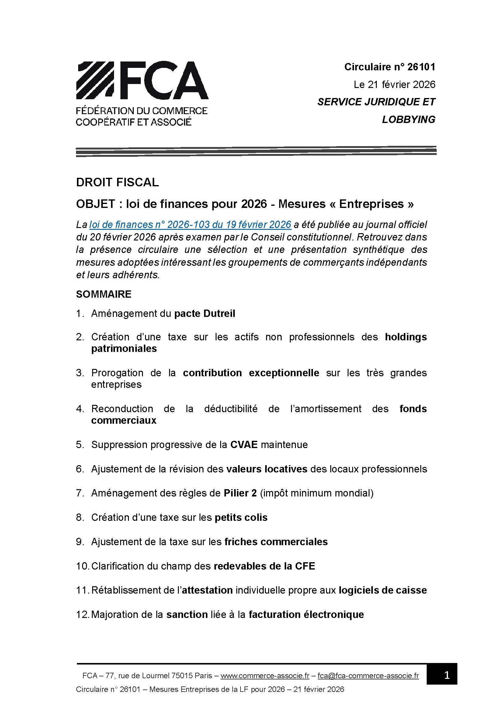 Loi de finances pour 2026 – Mesures « Entreprises » 
