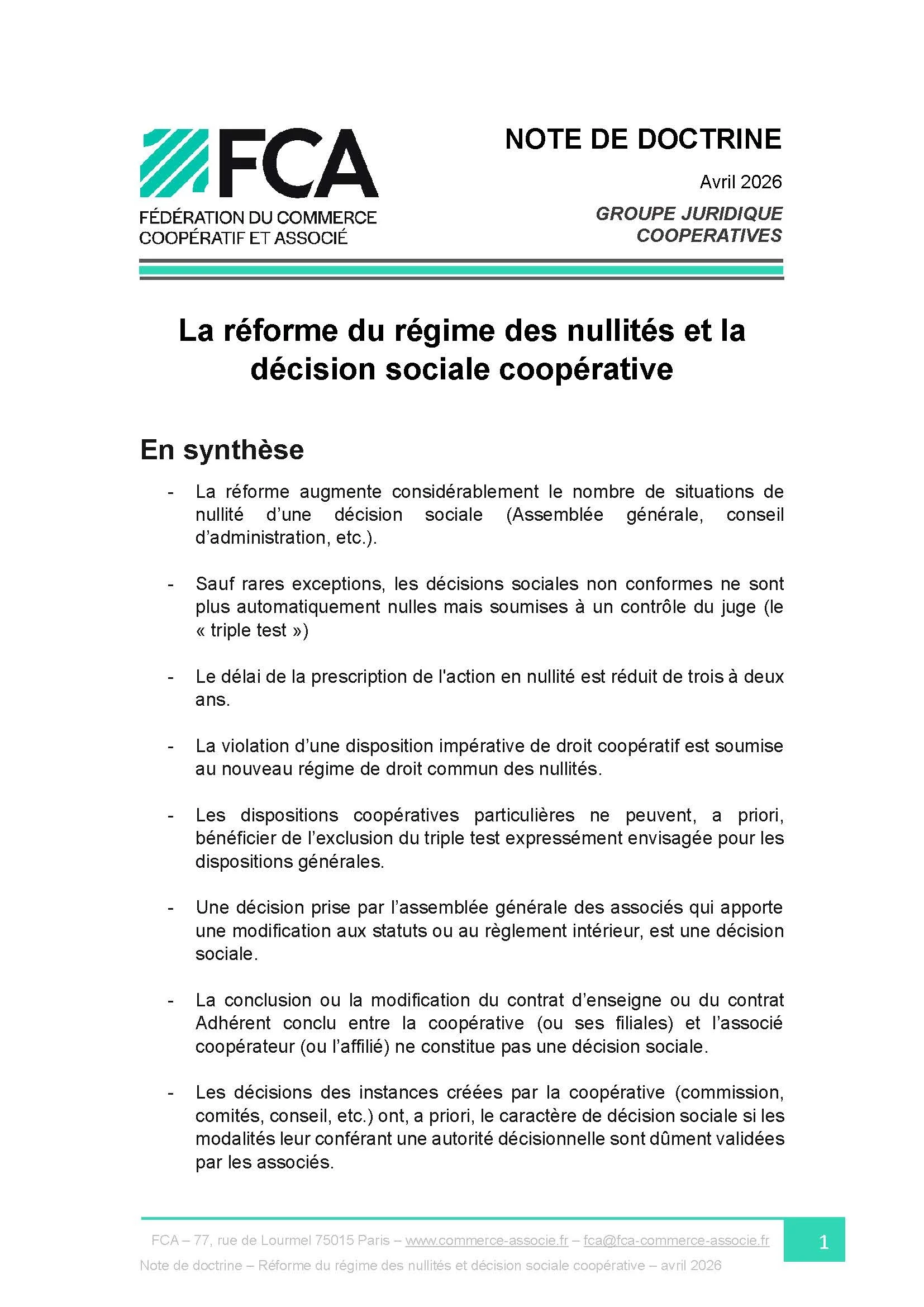 La réforme du régime des nullités et la décision sociale coopérative 
