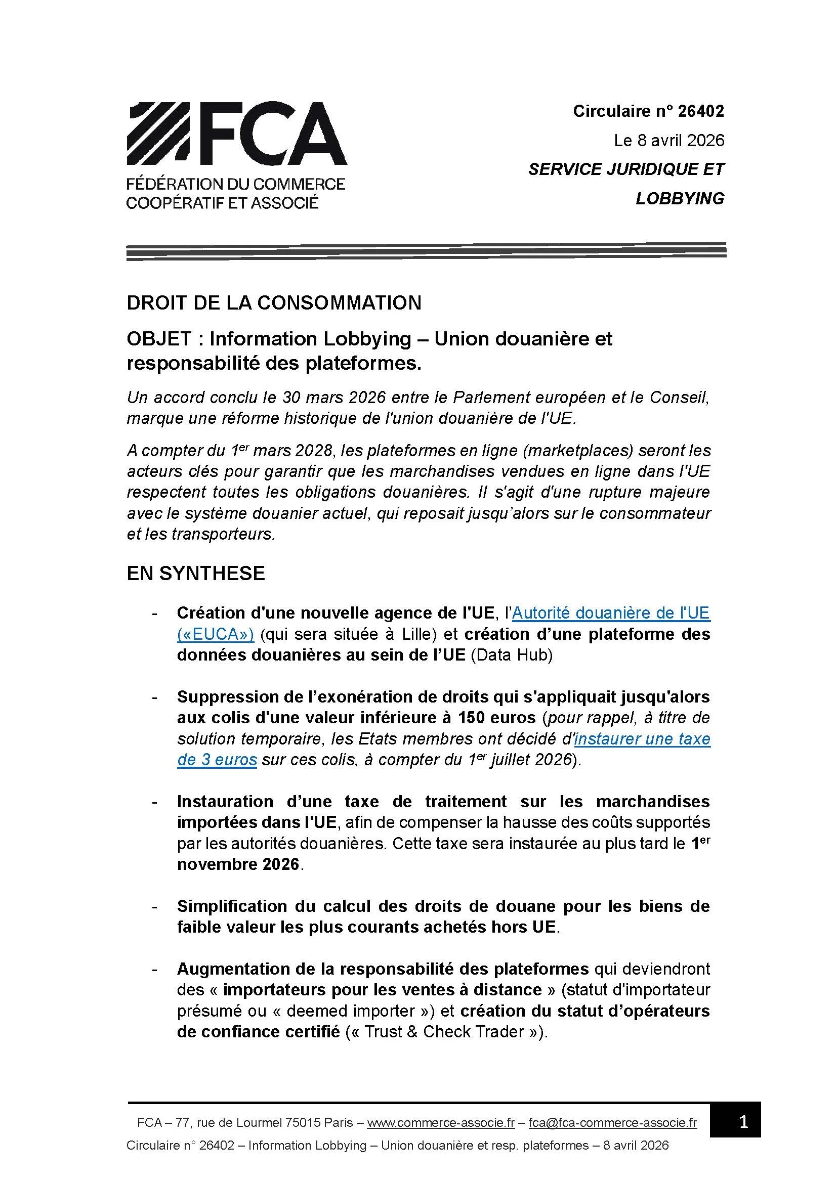 Information Lobbying – Union douanière et responsabilité des plateformes 