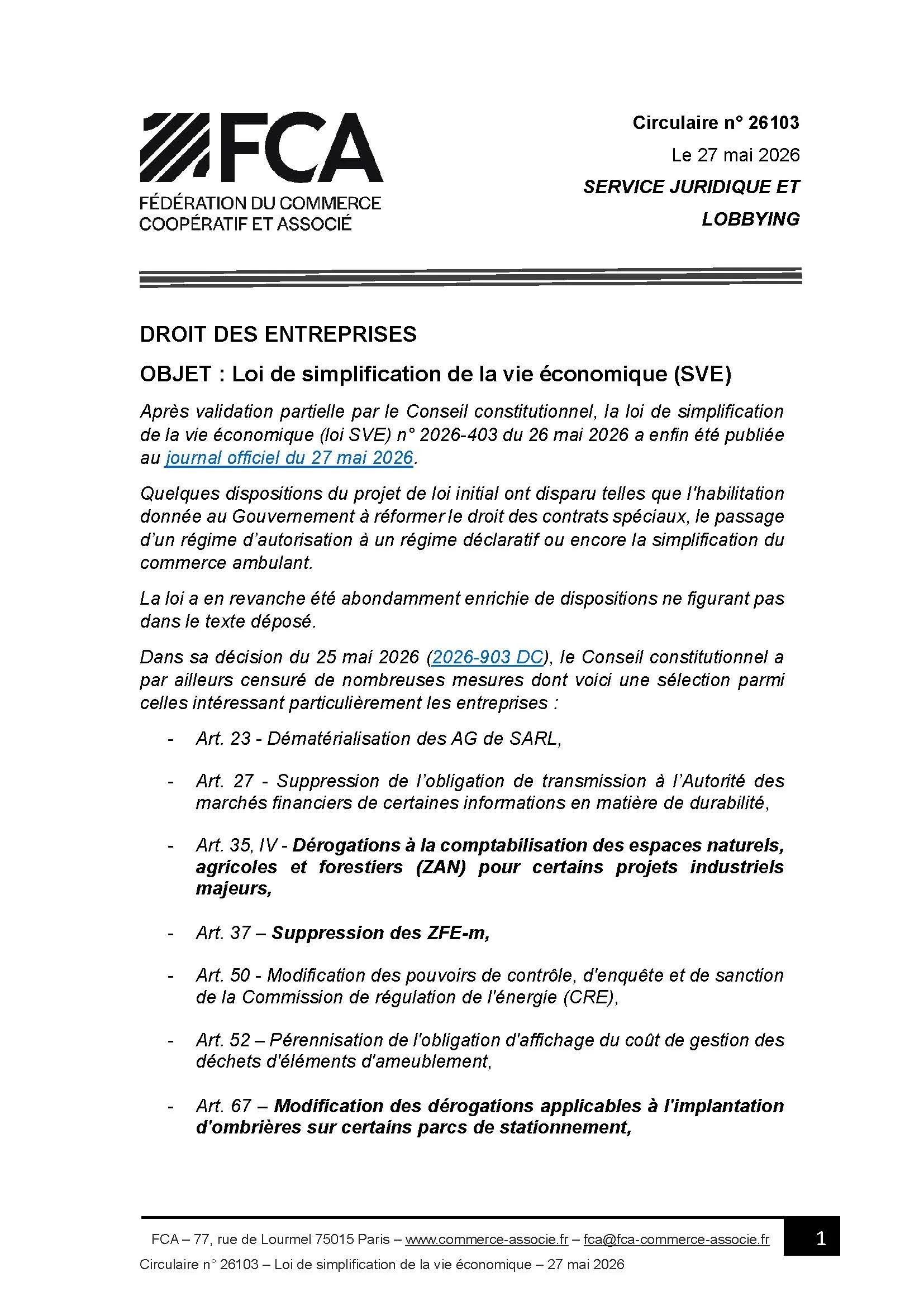 Droit des entreprises — Loi de simplification de la vie économique (SVE)