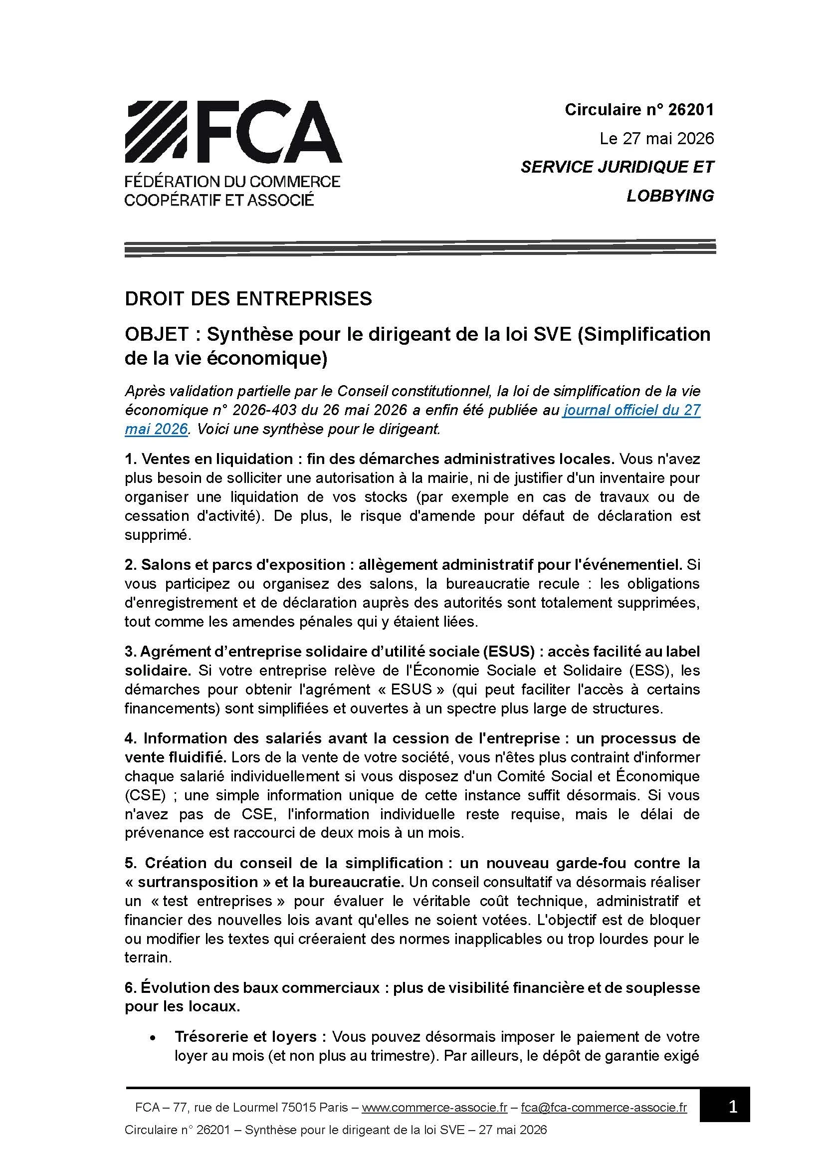 Droit des entreprises —  Synthèse pour le dirigeant de la loi SVE (Simplification de la vie économique)