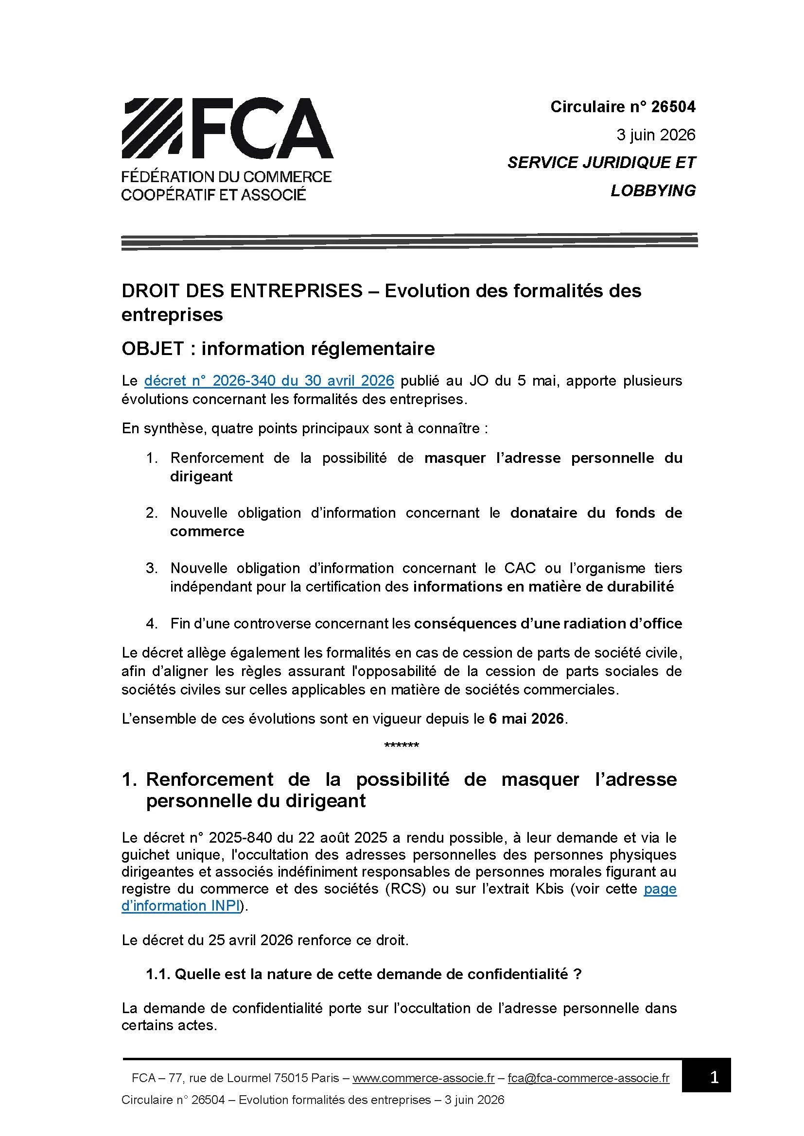Droit des entreprises — Évolution des formalités des entreprises 
