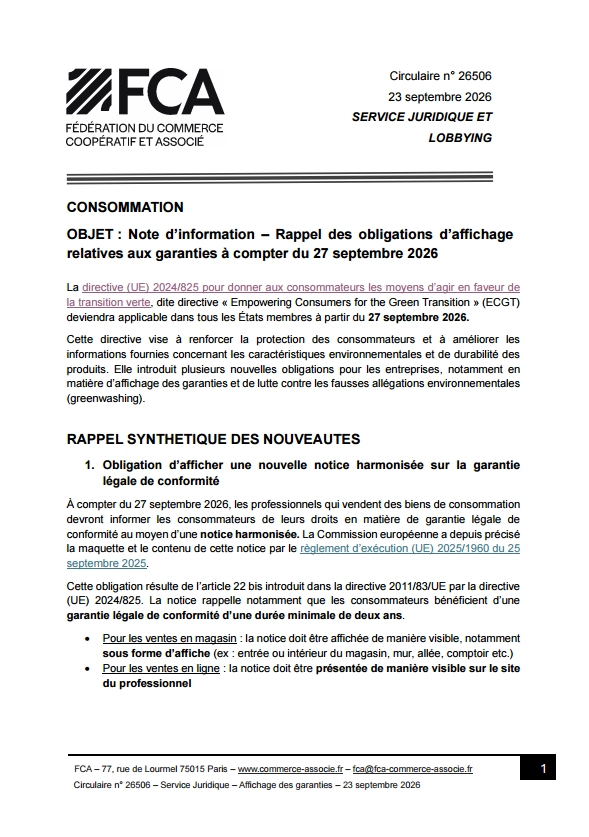 Note d’information – Rappel des obligations d’affichage relatives aux garanties à compter du 27 septembre 2026